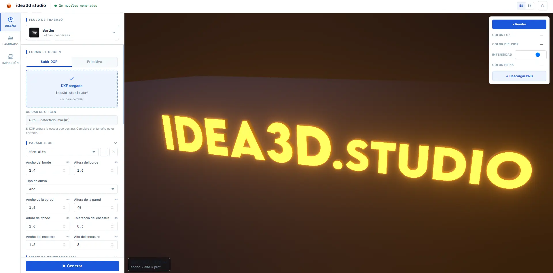 idea3d studio convirtiendo un perfil 2D en modelos 3D listos para imprimir